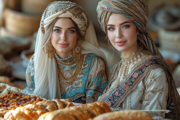 Azeri women and a Novruz tray with traditional pastries - obrazy, fototapety, plakaty