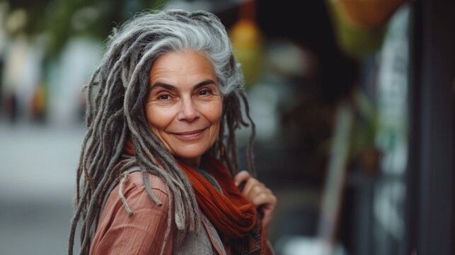 Portrait of a mature woman with dreadlocks looking at the camera with a smile, lifestyle of freedom, hippies.