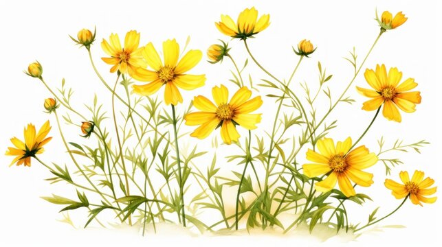 a painting of a bunch of yellow flowers on a white background with a ladybug in the middle of the flowers.