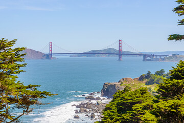 Panorama at sunny day with famous Golden Gate bridge. Golden Gate Bridge view from Lands End Trail...