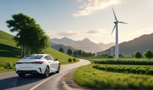 Electric car drive on the wind turbines background,Car drives along green landscape,Electric car driving along windmills farm, Alternative energy for cars, Car and wind turbines farm, 3d