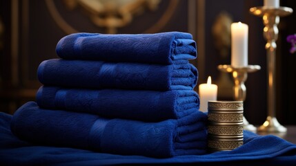 Obraz na płótnie Canvas a stack of blue towels sitting on top of a table next to a stack of candles and a candle holder.