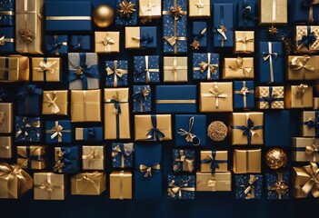 Modern Gold and Navy Blue Christmas Background with copy-space Precisely arranged Festive Gifts top view