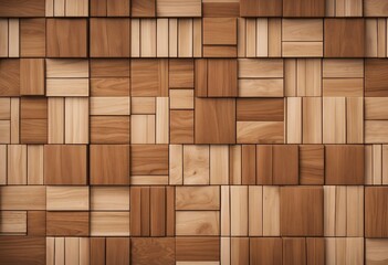 Natural Timber Wall background with tiles Wood tile Wallpaper with 3D Square blocks in various brown and beige colors