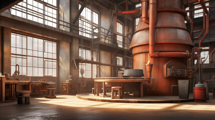 A spacious vintage brewery interior bathed in sunlight, featuring copper distilling equipment and wooden furniture.