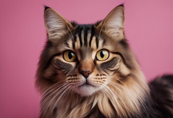 Portrait of a curios long haired black and tan tabby cat with bright yellow eyes looking at viewer on pink background