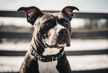 Portrait of a pit bull wearing a collar up against a wood fence