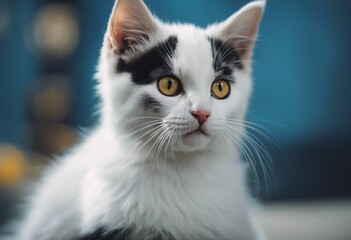 Portrait of a white and black kitten with yellow eyes on a blue background
