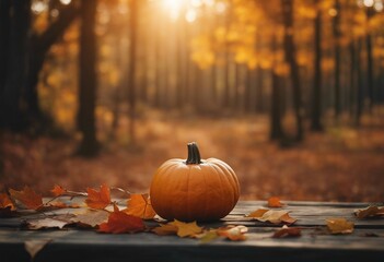 Pumpkin on a Wood Table with Orange Leaves in a Forest Autumn Scene Wallpaper