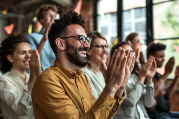 Obraz premium An image capturing the moment of employee recognition with colleagues applauding and celebrating a standout team member. Focus on the joy and appreciation in their expressions, Business team clapping.