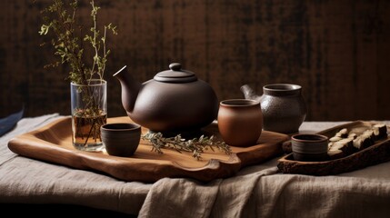 Obraz na płótnie Canvas a tray with a tea pot, cups, and a tray with a plant in it on top of a table.