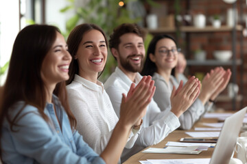 An image capturing the moment of employee recognition with colleagues applauding and celebrating a standout team member. Focus on the joy and appreciation in their expressions, Business team clapping.