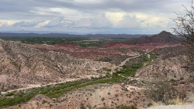 Road in Valle Des&eacute;rtico, sunny day, sky with clouds, Jachal and Huaco in San Juan, Argentina. orientation as horizontal