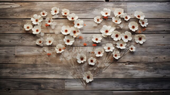  a heart shaped arrangement of white and red flowers on a wood planked wall with a heart shaped arrangement of white and red flowers on a wood planked wall.
