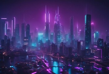 Sci-fi Metropolis with Purple and Cyan Neon lights Night scene with Visionary Skyscrapers...