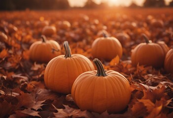 Seasonal background Banner with copy-space Trio of Pumpkins on Orange color Fall Concept - Powered by Adobe