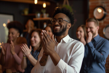 An image capturing the moment of employee recognition with colleagues applauding and celebrating a standout team member. Focus on the joy and appreciation in their expressions, Business team clapping. - obrazy, fototapety, plakaty