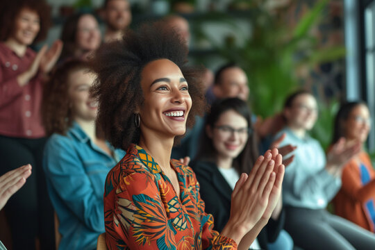 An image capturing the moment of employee recognition with colleagues applauding and celebrating a standout team member. Focus on the joy and appreciation in their expressions, Business team clapping.