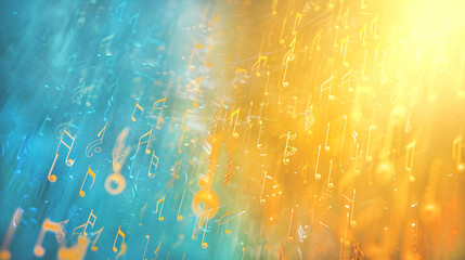 Creative golden blue background with musical notes of AI generated music. Copy space