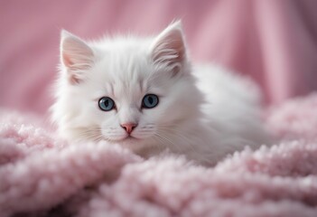 Small fluffy white kitten laying on a fluffy gray blanket looking directly at viewer