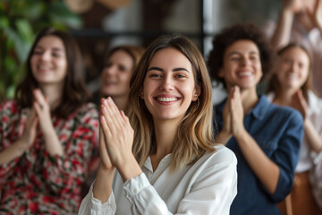Obraz premium An image capturing the moment of employee recognition with colleagues applauding and celebrating a standout team member. Focus on the joy and appreciation in their expressions, Business team clapping.