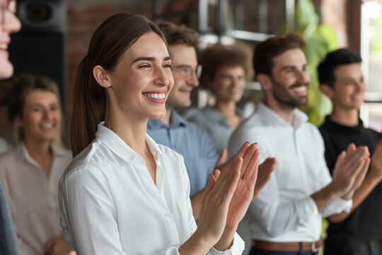 An image capturing the moment of employee recognition with colleagues applauding and celebrating a standout team member. Focus on the joy and appreciation in their expressions, Business team clapping.