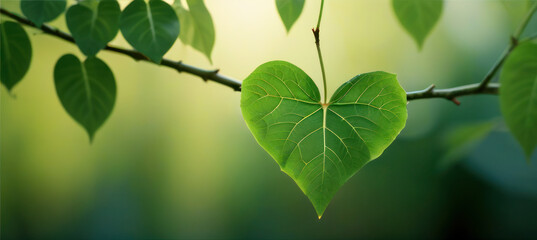 Fototapeta na wymiar Green Leaf in the Shape of Heart Hanging on Branch, Love Nature Concept