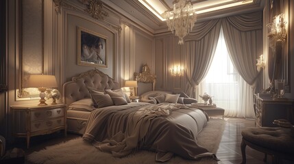 luxurious bedroom with a neutral color palette, plush textiles, and innovative lighting