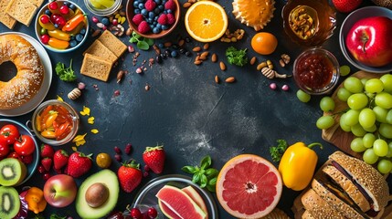 Healthy and unhealthy food background from fruits and vegetables vs fast food, sweets and pastry top view. Diet and detox against calorie and overweight lifestyle concept - obrazy, fototapety, plakaty