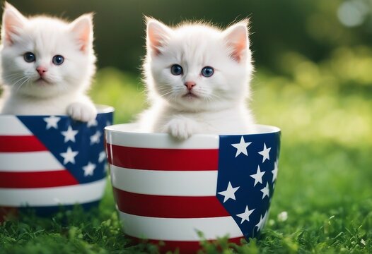 Two fluffy white small kittens sitting in patriotic designed pots on green grass