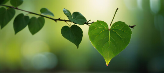 Fototapeta na wymiar Green Leaf in the Shape of Heart Hanging on Branch, Love Nature Concept