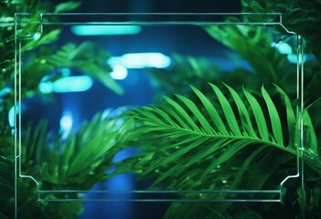 Tropical Leaves Illuminated with Blue and Green Fluorescent Light Jungle Environment with copy space