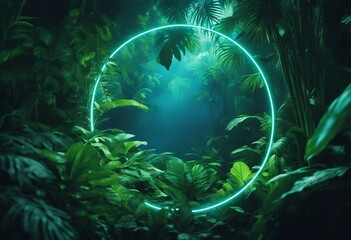 Fototapeta na wymiar Tropical Plants Illuminated with Green and Blue Fluorescent Light RIng Jungle Environment with Circle shadow
