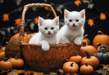 White kittens in a basket with autumn pumpkins around