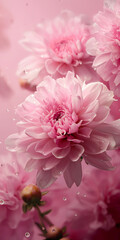 Flowers. Pink chrysanthemums with water droplets on a rose background. Phone wallpaper. 