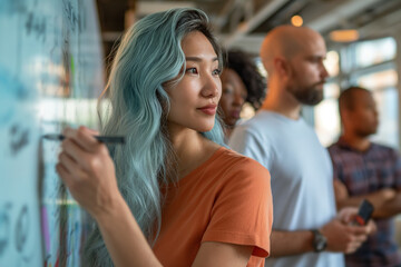Diverse team of young professionals collaborating on business strategy, generating ideas on a whiteboard.brainstorming concept
