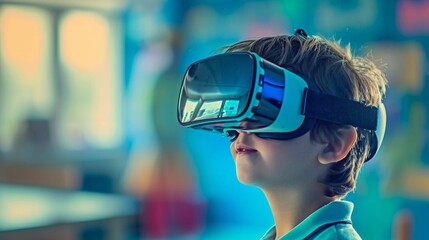Kid wearing a VR googles at school as a new mean of studying. Concept image on ed tech and e learning in the school environment. - obrazy, fototapety, plakaty