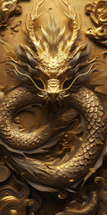 Chinese Dragon. 3D golden dragon sculpture on dark background for phone wallpaper. Phone wallpaper.  - obrazy, fototapety, plakaty