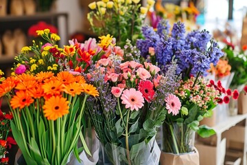 Colorful bouquets of flowers in a flower shop. Bouquet of different flowers. Bouquet of colorful flowers
