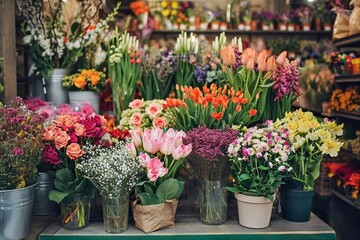 Flower shop. Beautiful bouquets of different flowers in a vase on the table. Flowers in pots