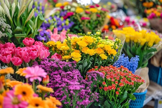 Variety of colorful flowers for sale at the flower market, stock photo