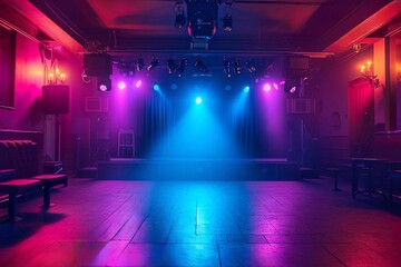Interior of a night club with bright stage lighting and spotlights. Stage with spotlight - obrazy, fototapety, plakaty