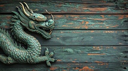 Antique green wooden dragon carving on distressed wooden planks - obrazy, fototapety, plakaty
