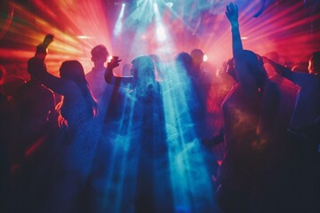 Young people dancing and having fun in a nightclub during a music festival. Crowd at concert - obrazy, fototapety, plakaty