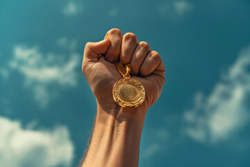 Man holding a gold medal on sky background. Closeup view of male hand. Winner of the competition concept. Generated AI