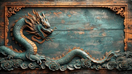 A finely detailed dragon relief carving set into a teal wooden panel with ornate border details, exuding ancient elegance