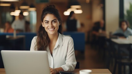 Fototapeta na wymiar Proud Business Woman Typing on Laptop in Office Generative AI
