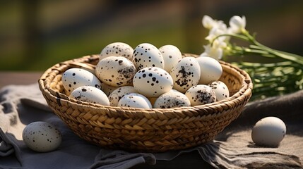  a basket filled with eggs sitting on top of a table next to a vase filled with white and black speckled eggs.