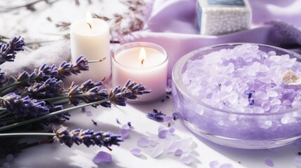 Obraz na płótnie Canvas a bowl of sea salt next to a candle and some lavender flowers on a white surface with a purple cloth.