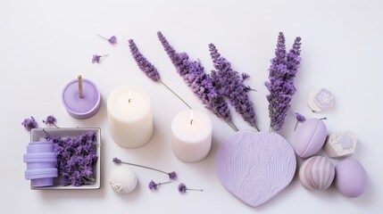  lavender flowers, soaps, candles, and a heart shaped box of soaps on a white table top.